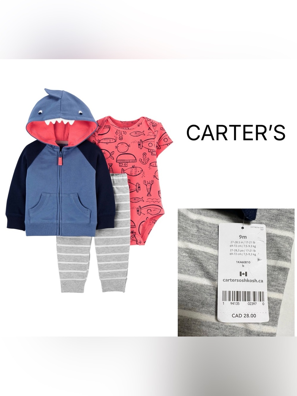 CARTER’S - 9M - NWT - INFANT BOYS 3PC NAUTICAL SHARK ZIP UP HOODIE SET